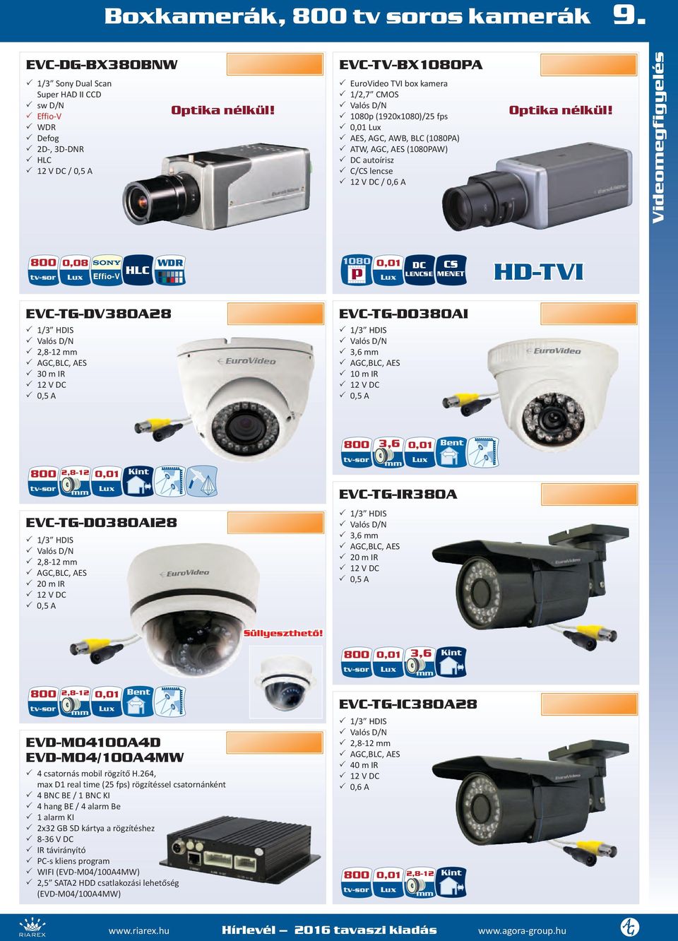 Videomegfigyelés 800 tv-sor 0,08 Lux -V HLC WDR 1080 p 0,01 Lux DC CS LENCSE MENET HD-TVI EVC-TG-DV380A8 1/3 HDIS Valós D/N,8-1 AGC,BLC, AES 30 m IR 1 V DC 0,5 A EVC-TG-DO380AI 1/3 HDIS Valós D/N 3,6