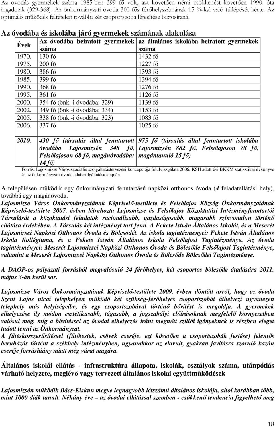 Az óvodába és iskolába járó gyermekek számának alakulása Évek Az óvodába beíratott gyermekek az általános iskolába beíratott gyermekek száma száma 1970. 130 fı 1432 fı 1975. 200 fı 1227 fı 1980.