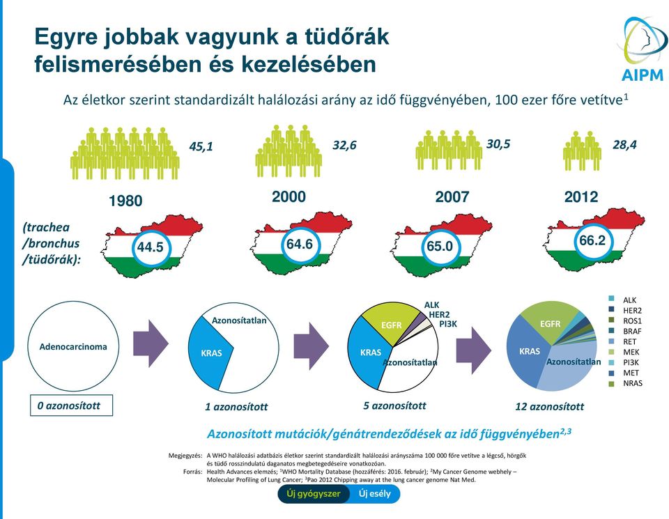 2 Adenocarcinoma KRAS Azonosítatlan EGFR KRAS Azonosítatlan ALK HER2 PI3K KRAS EGFR Azonosítatlan ALK ALK HER2 ROS1 BRAF RET RET MEK PI3K MET NRAS 0 azonosított 1 azonosított 5 azonosított 12