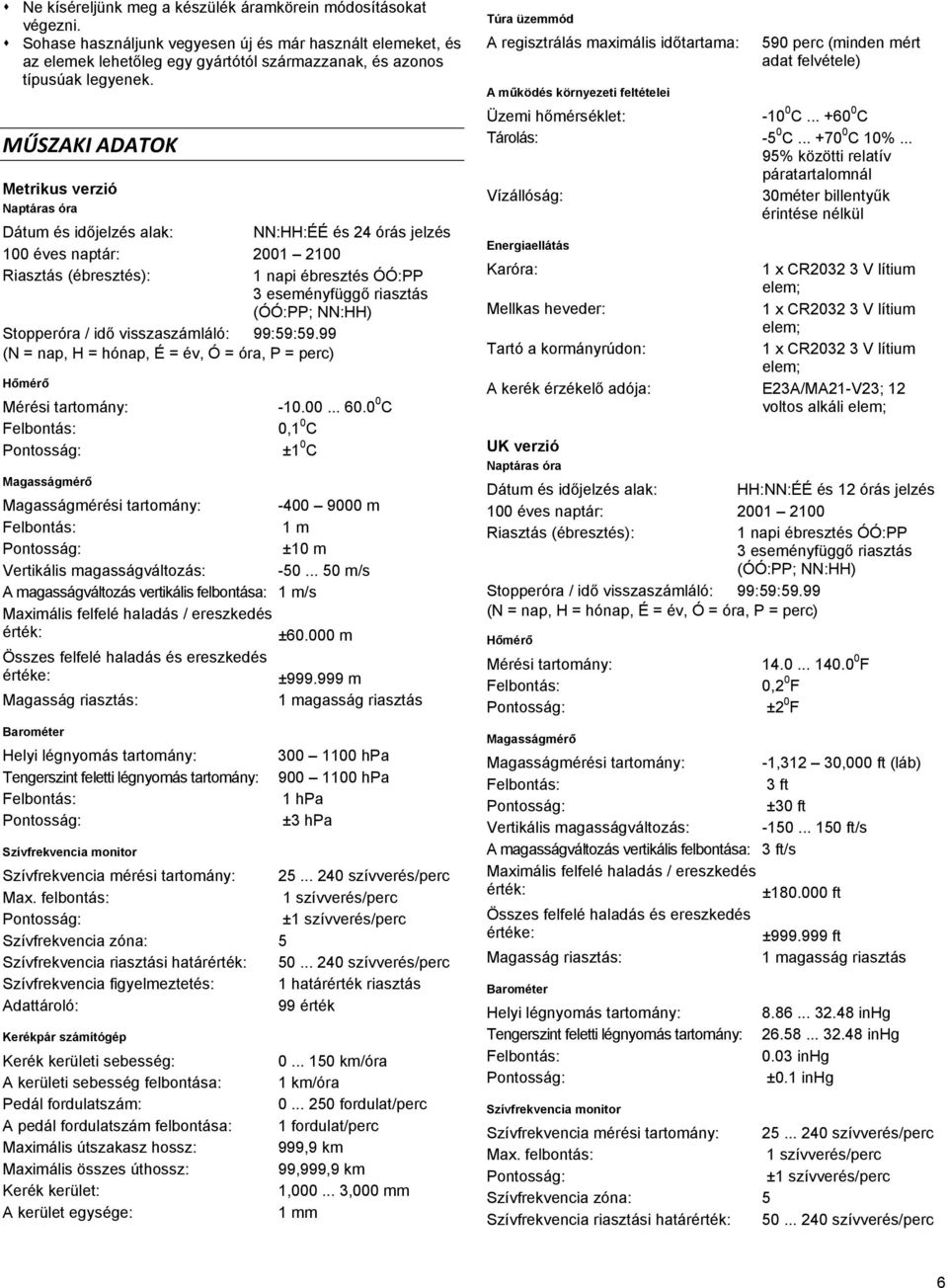 NN:HH) Stopperóra / idő visszaszámláló: 99:59:59.99 (N = nap, H = hónap, É = év, Ó = óra, P = perc) Hőmérő Mérési tartomány: Felbontás: -10.00... 60.