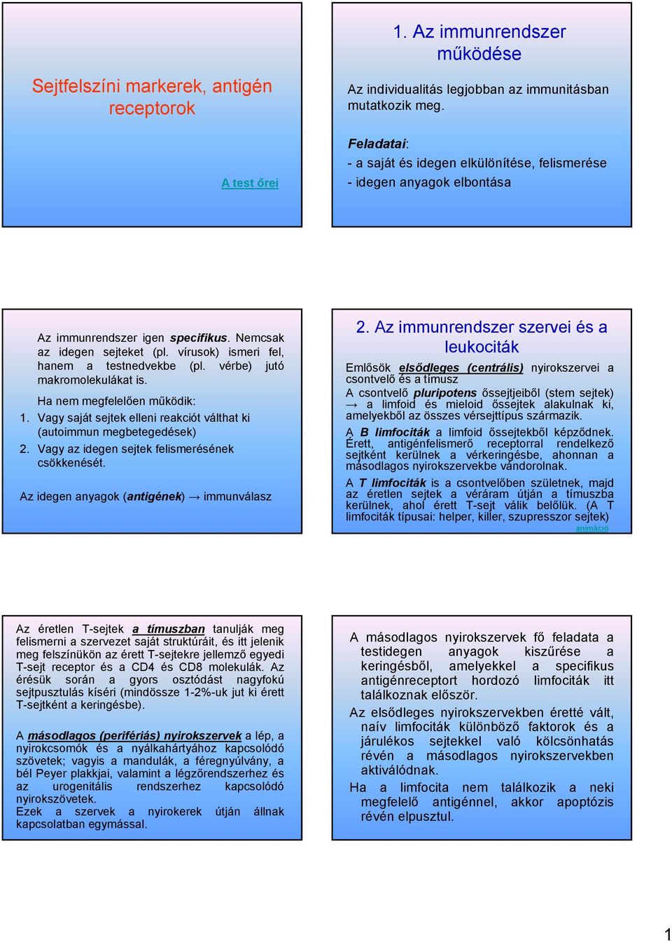 vérbe) jutó makromolekulákat is. Ha nem megfelelően működik: 1. Vagy saját sejtek elleni reakciót válthat ki (autoimmun megbetegedések) 2. Vagy az idegen sejtek felismerésének csökkenését.