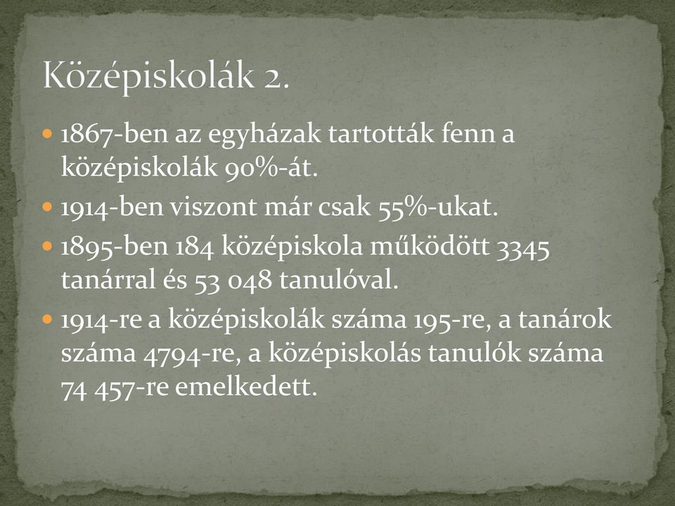 1895-ben 184 középiskola működött 3345 tanárral és 53 048 tanulóval.