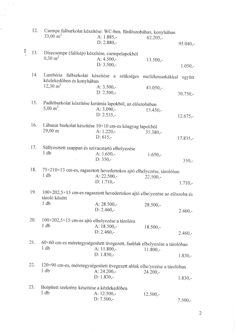 Padlóburkolat készítése kerámia lapokból, az előszobában 5,00 m 2 A: 3.090,- 15.450,- D: 2.535,- 16. Lábazat burkolat készítése 1Ox1Oem-es kőagyag lapokból 29,00 m A: 1.220,- 35.380,- D: 615,- 12.