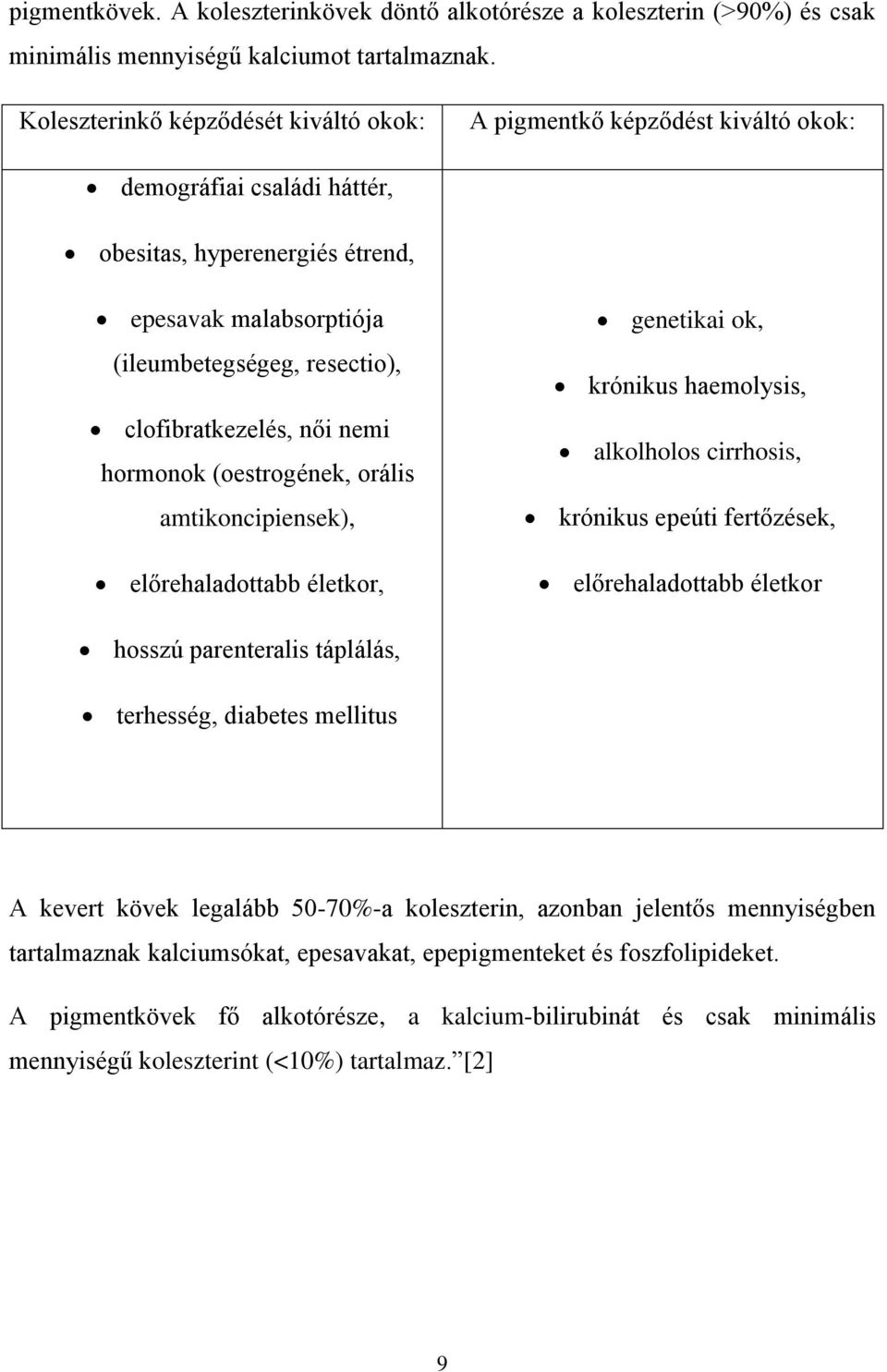 clofibratkezelés, női nemi hormonok (oestrogének, orális amtikoncipiensek), előrehaladottabb életkor, genetikai ok, krónikus haemolysis, alkolholos cirrhosis, krónikus epeúti fertőzések,