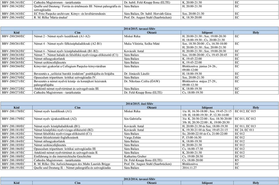 343/EC EC Fritz Paepcke-archívum: Könyv- és levéltárrendezés Sára Balázs, Dr. habil. Horváth Géza Sze, 20:00-21:30 EC BBV-200.344/EC R. M. Rilke 'Mária-énekei' Prof. Dr. August Stahl (Saarbrücken) K, 18:30-20:00 EC 2014/2015.