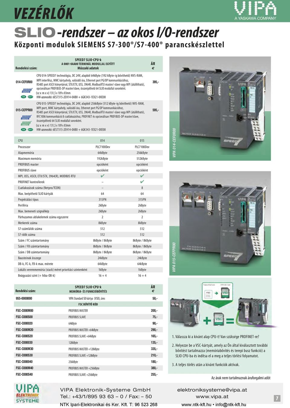 ModbusRTU master/-slave vagy MPI (átállítható), 395,- opcionálisan PROFIBUS-DP master/slave, összeépíthető 64 SLIO modullal soronként.