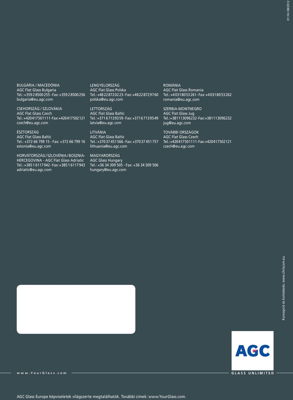 agc.com HORVÁTORSZÁG / SZLOVÉNIA / BOSZNIA- HERCEGOVINA - AGC Flat Glass Adriatic Tel.: +385 1 6117 942 - Fax: +385 1 6117 943 adriatic@eu.agc.com LENGYELORSZÁG AGC Flat Glass Polska Tel.