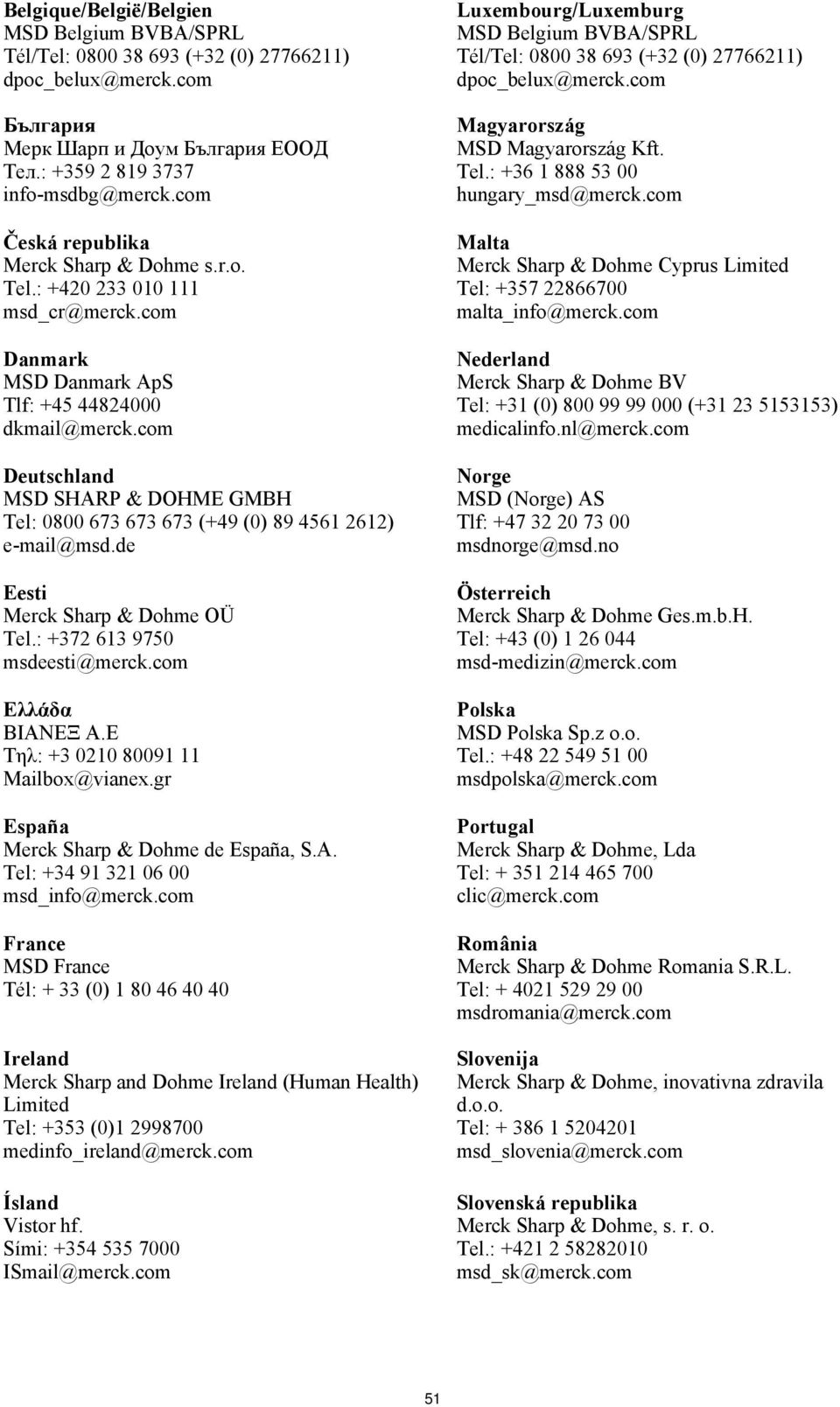 com Deutschland MSD SHARP & DOHME GMBH Tel: 0800 673 673 673 (+49 (0) 89 4561 2612) e-mail@msd.de Eesti Merck Sharp & Dohme OÜ Tel.: +372 613 9750 msdeesti@merck.com Eλλάδα BIANEΞ Α.