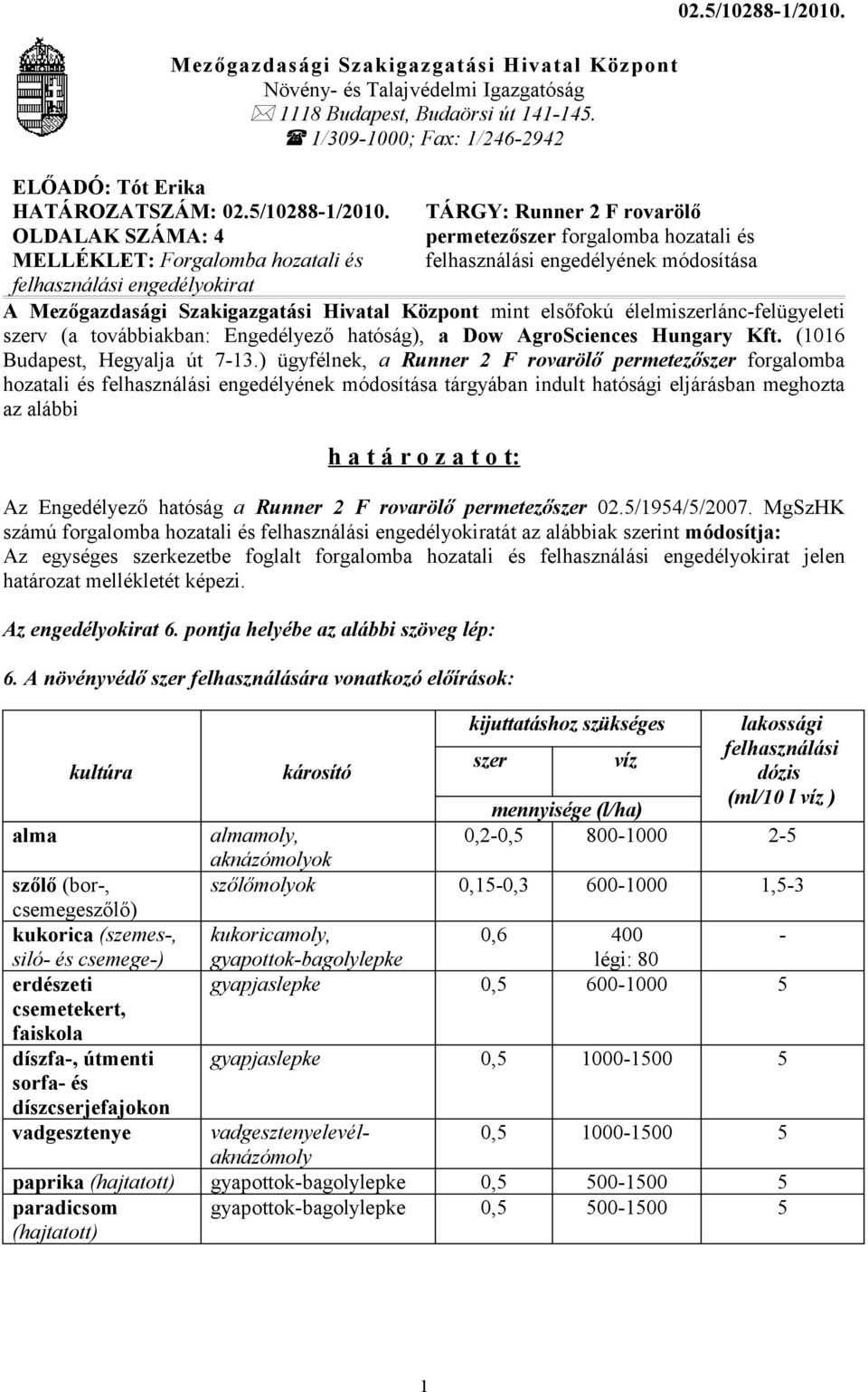 A Mezőgazdasági Szakigazgatási Hivatal Központ mint elsőfokú élelmiszerlánc-felügyeleti szerv (a továbbiakban: Engedélyező hatóság), a Dow AgroSciences Hungary Kft. (1016 Budapest, Hegyalja út 7-13.