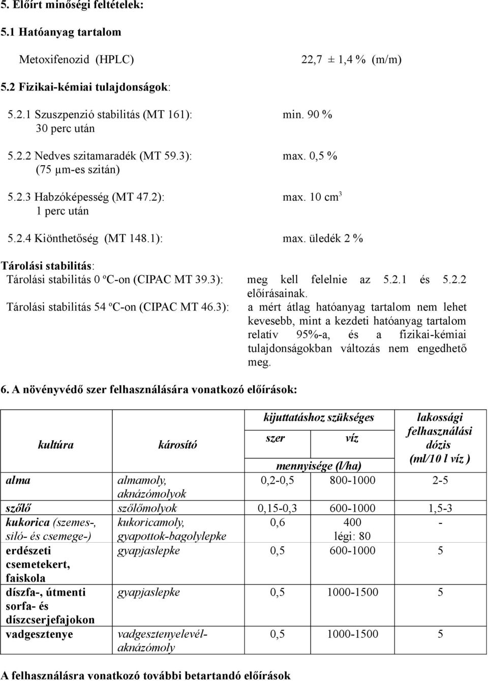 3): meg kell felelnie az 5.2.1 és 5.2.2 előírásainak. Tárolási stabilitás 54 o C-on (CIPAC MT 46.
