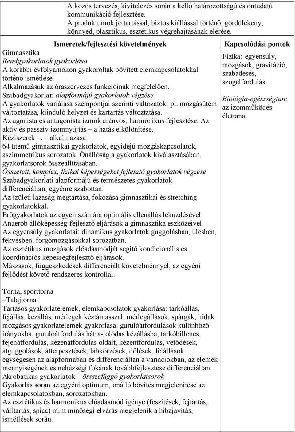 Ismeretek/fejlesztési követelmények Gimnasztika Rendgyakorlatok gyakorlása A korábbi évfolyamokon gyakoroltak bővített elemkapcsolatokkal történő ismétlése.