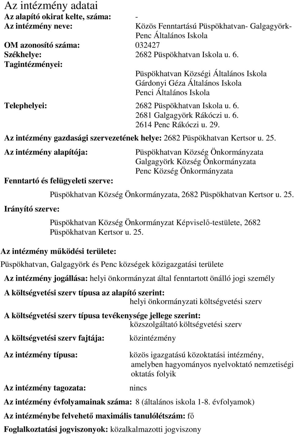 29. Az intézmény gazdasági szervezetének helye: 2682 Püspökhatvan Kertsor u. 25.