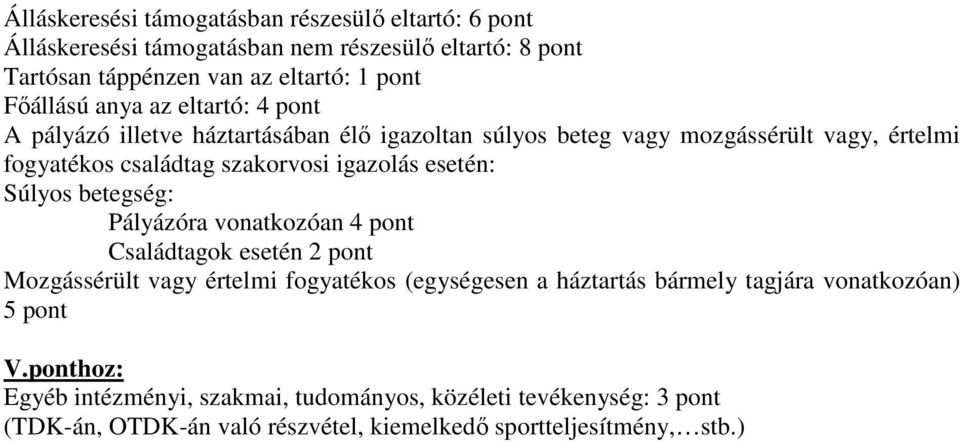 esetén: Súlyos betegség: Pályázóra vonatkozóan 4 pont Családtagok esetén 2 pont Mozgássérült vagy értelmi fogyatékos (egységesen a háztartás bármely tagjára