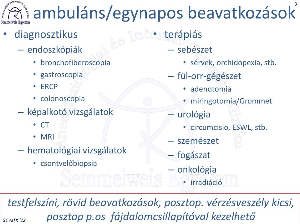 fül-orr-gégészet adenotomia miringotomia/grommet urológia circumcisio, ESWL, stb.