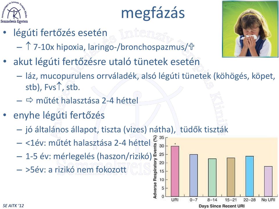 stb. műtét halasztása 2-4 héttel enyhe légúti fertőzés jó általános állapot, tiszta (vizes) nátha),