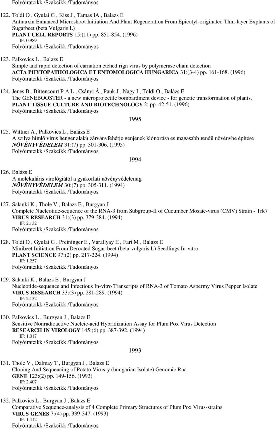Palkovics L, Balazs E Simple and rapid detection of carnation etched rign virus by polymerase chain detection ACTA PHYTOPATHOLOGICA ET ENTOMOLOGICA HUNGARICA 31:(3-4) pp. 161-168. (1996) 124.