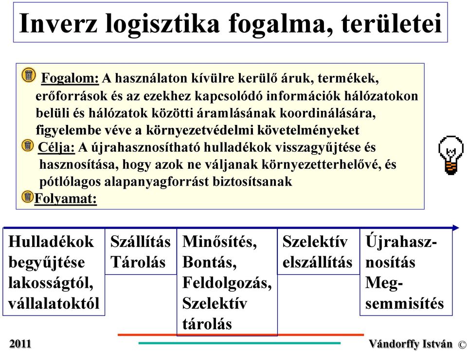 hulladékok visszagyűjtése és hasznosítása, hogy azok ne váljanak környezetterhelővé, és pótlólagos alapanyagforrást biztosítsanak Folyamat: