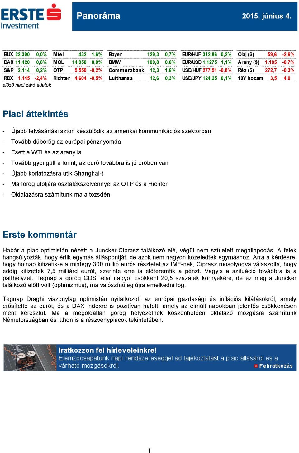 604-0,5% Lufthansa 12,6 0,3% USD/JPY 124,25 0,1% 10Y hozam 3,5 4,0 előző napi záró adatok Piaci áttekintés - Újabb felvásárlási sztori készülődik az amerikai kommunikációs szektorban - Tovább dübörög
