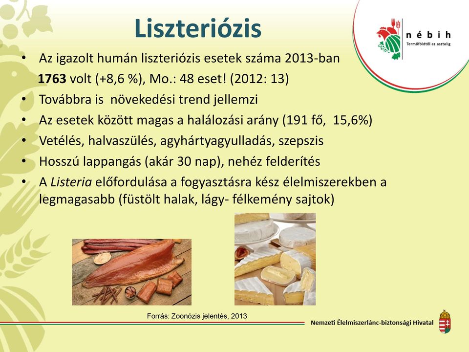 Vetélés, halvaszülés, agyhártyagyulladás, szepszis Hosszú lappangás (akár 30 nap), nehéz felderítés A Listeria