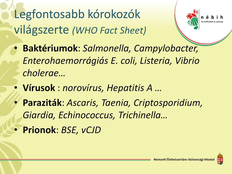 coli, Listeria, Vibrio cholerae Vírusok : norovírus, Hepatitis A