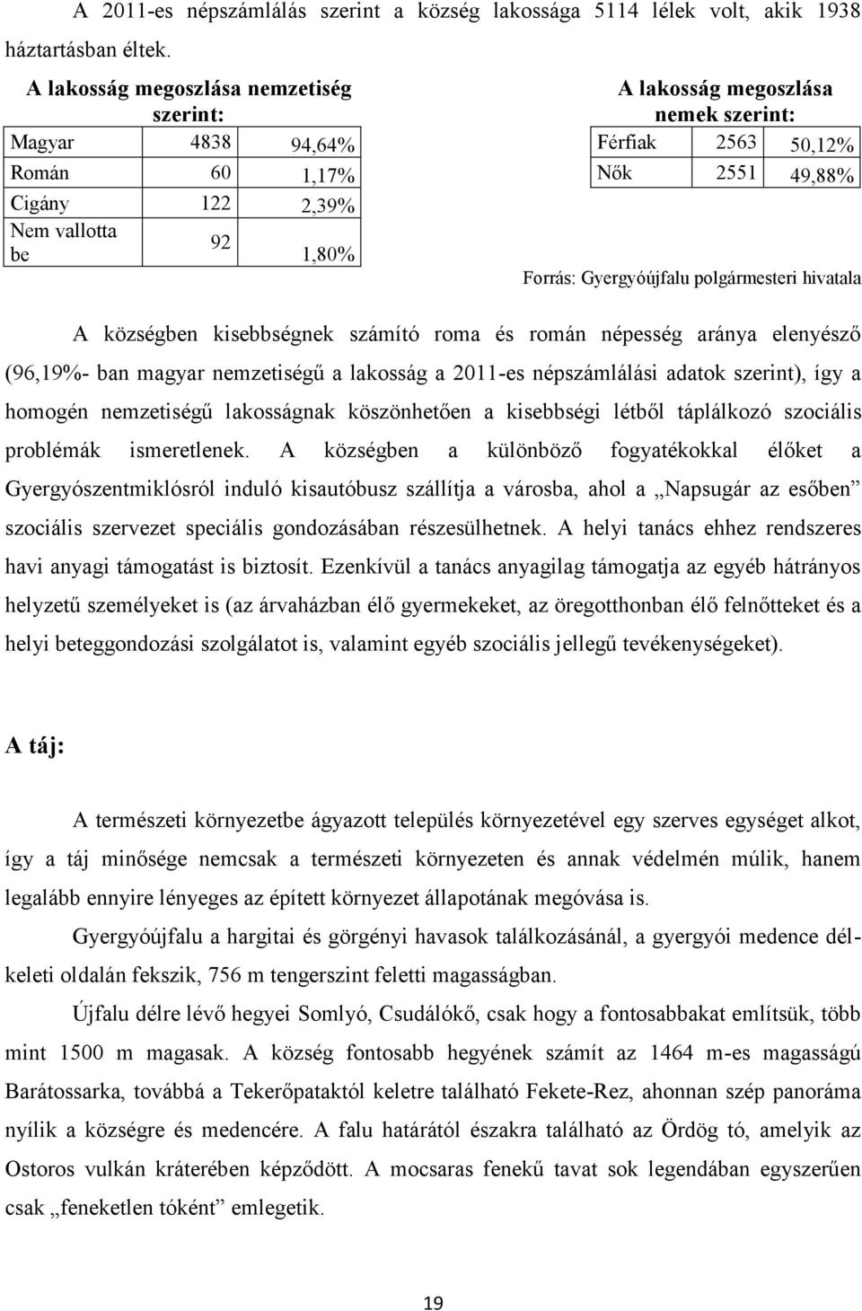 Gyergyóújfalu polgármesteri hivatala A községben kisebbségnek számító roma és román népesség aránya elenyésző (96,19%- ban magyar nemzetiségű a lakosság a 2011-es népszámlálási adatok szerint), így a