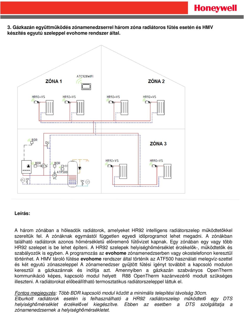 A zónákban található radiátorok azonos hőmérsékletű előremenő fűtővizet kapnak. Egy zónában egy vagy több HR92 szelepet is be lehet építeni.