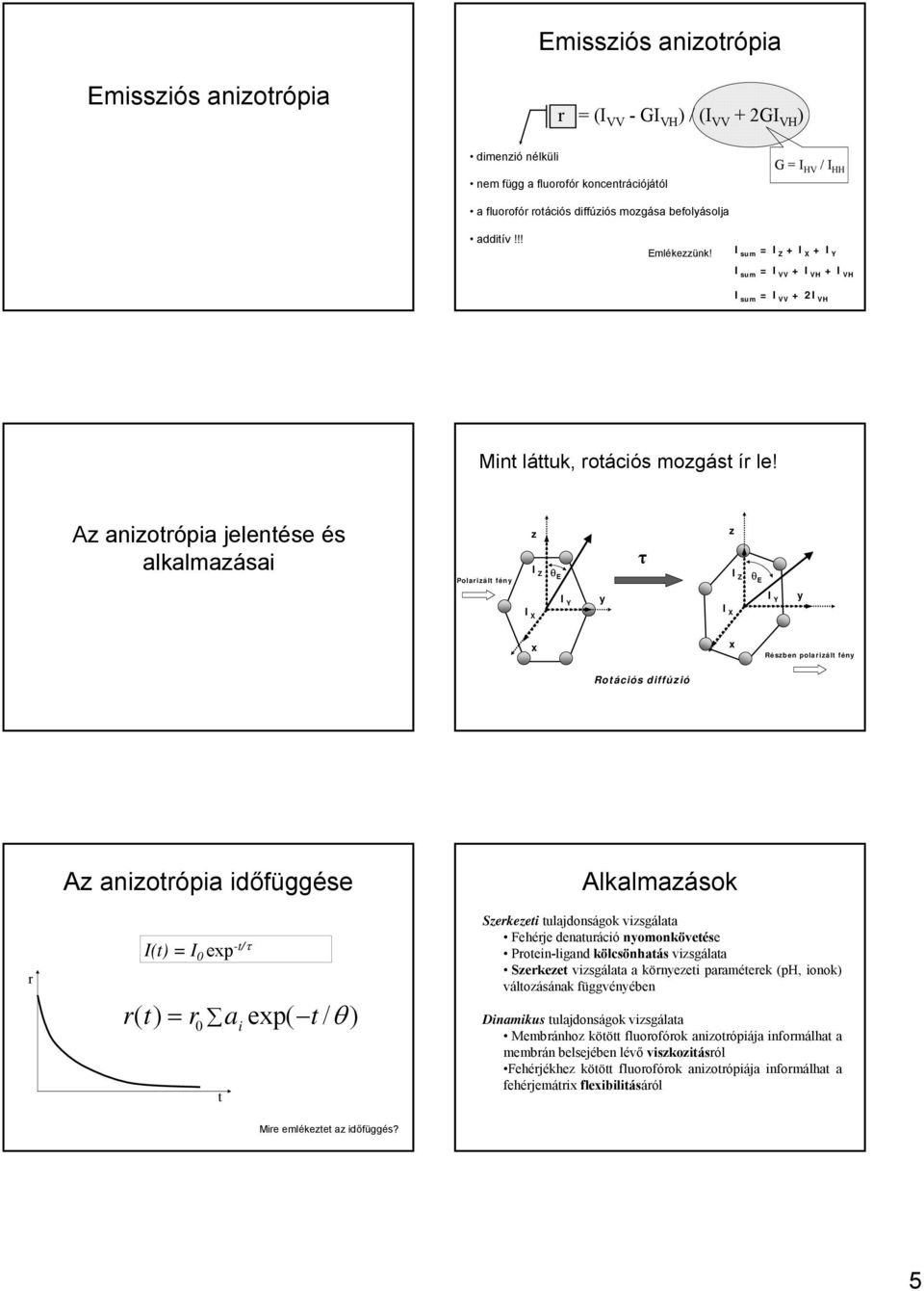 A aniotrópia jelentése és alkalmaásai Polariált fén I Z θ E τ I Z θ E I Y I Y Résben polariált fén Rotációs diffúió r A aniotrópia időfüggése I(t) = I ep -t/τ r( t) = r ai ep( t / θ ) t Alkalmaások