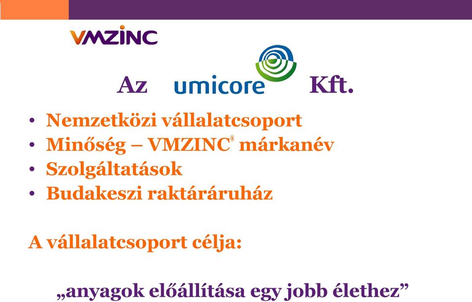 VMZINC márkanév Szolgáltatások