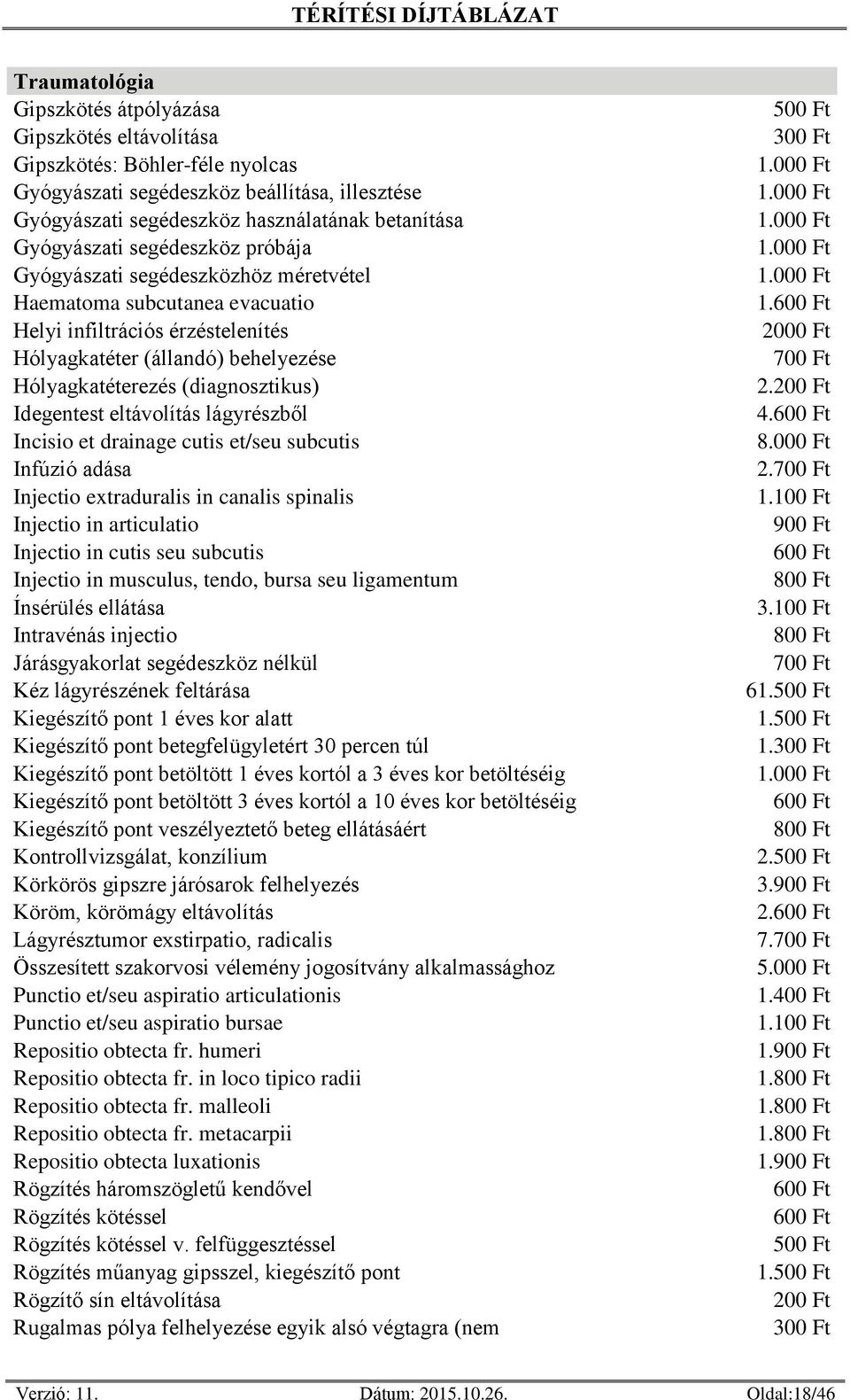 (diagnosztikus) Idegentest eltávolítás lágyrészből Incisio et drainage cutis et/seu subcutis Infúzió adása Injectio extraduralis in canalis spinalis Injectio in articulatio Injectio in cutis seu