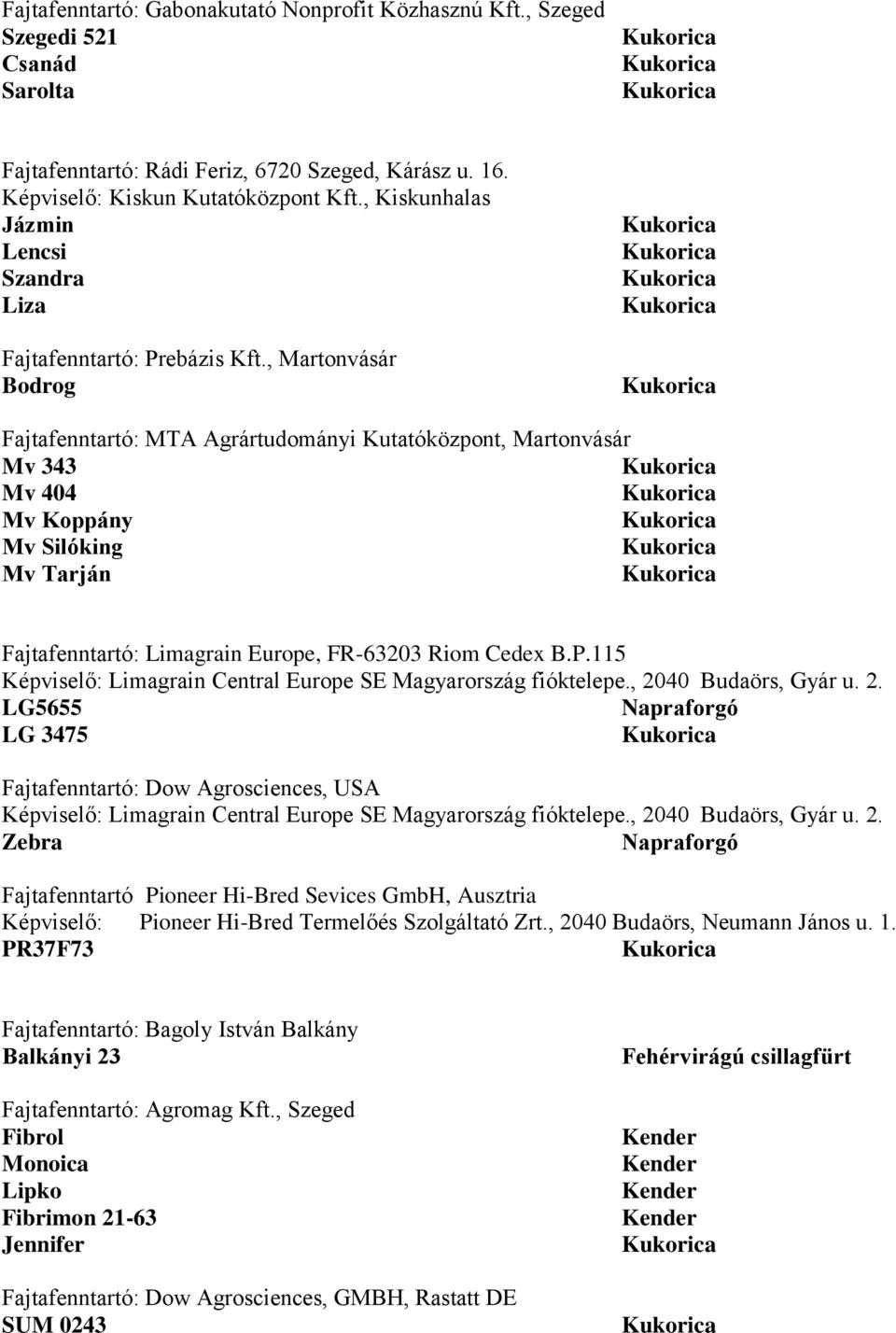 , Martonvásár Bodrog Fajtafenntartó: MTA Agrártudományi Kutatóközpont, Martonvásár Mv 343 Mv 404 Mv Koppány Mv Silóking Mv Tarján Fajtafenntartó: Limagrain Europe, FR-63203 Riom Cedex B.P.