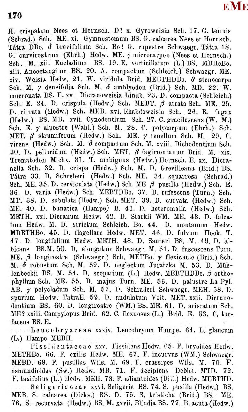 . xiv. Weisia Hedw. 21. W. viridula Brid. BTHDBo. /9 stenocarpa Sch.. y densifolia Sch.. ő amhlyodon (Brid.) Sch. D. 22. W. mucronata BS.. xv. Dicranoweisia Lindb. 2.S. D. compacta (Schleich.) Sch.. 24.