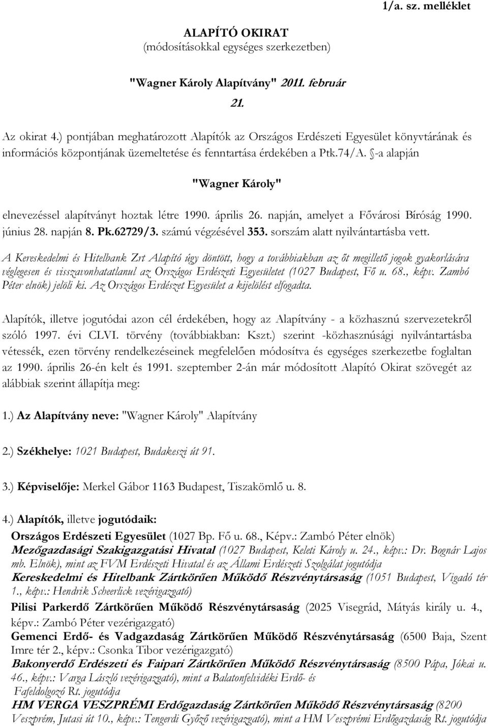 -a alapján "Wagner Károly" elnevezéssel alapítványt hoztak létre 1990. április 26. napján, amelyet a Fővárosi Bíróság 1990. június 28. napján 8. Pk.62729/3. számú végzésével 353.