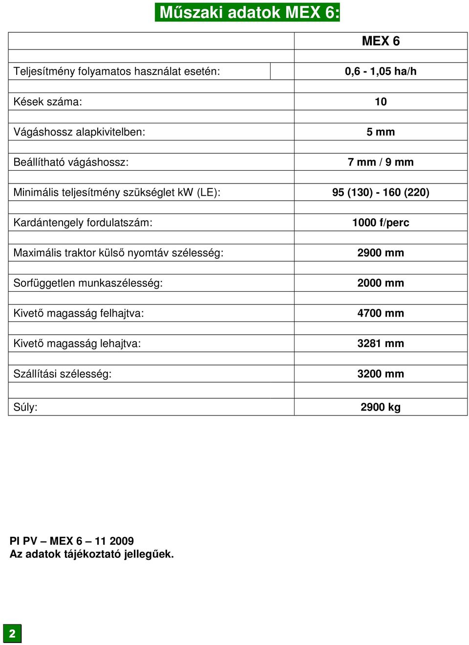 fordulatszám: Maximális traktor külső nyomtáv szélesség: Sorfüggetlen munkaszélesség: Kivető magasság felhajtva: Kivető magasság