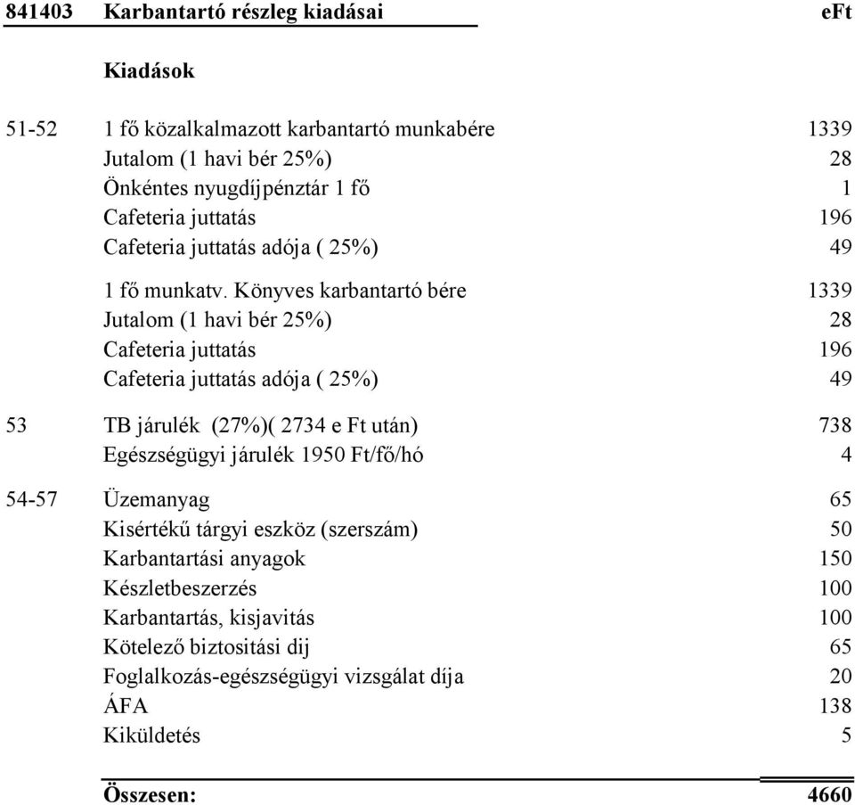 Könyves karbantartó bére 1339 Jutalom (1 havi bér 25%) 28 Cafeteria juttatás 196 Cafeteria juttatás adója ( 25%) 49 53 TB járulék (27%)( 2734 e Ft után) 738