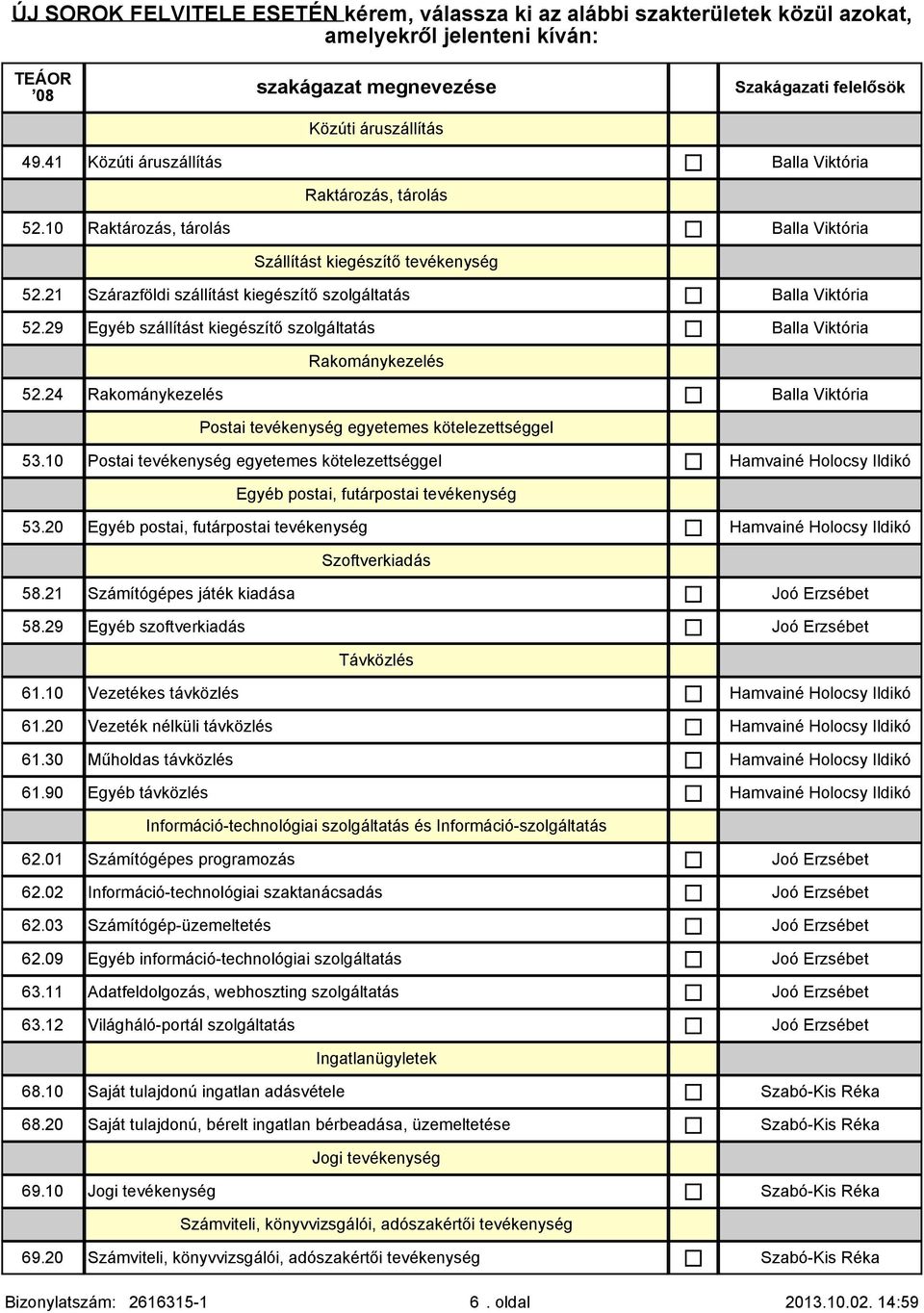 20 Szállítást kiegészítő tevékenység Szárazföldi szállítást kiegészítő szolgáltatás Egyéb szállítást kiegészítő szolgáltatás Rakománykezelés Rakománykezelés Postai tevékenység egyetemes