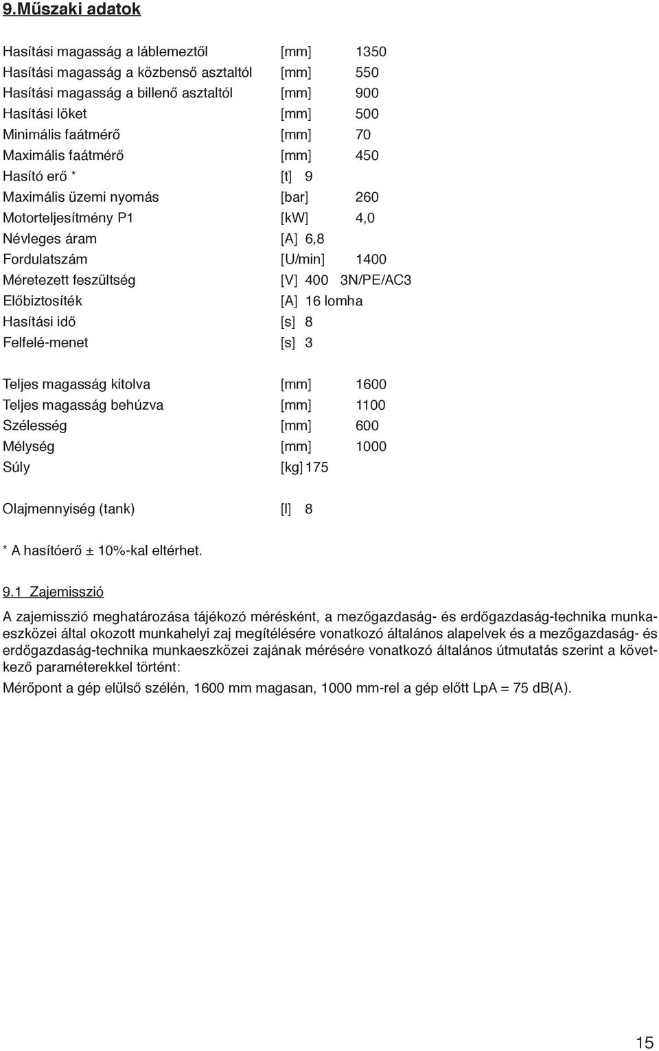 3N/PE/AC3 Előbiztosíték [A] 16 lomha Hasítási idő [s] 8 Felfelé-menet [s] 3 Teljes magasság kitolva [mm] 1600 Teljes magasság behúzva [mm] 1100 Szélesség [mm] 600 Mélység [mm] 1000 Súly [kg] 175