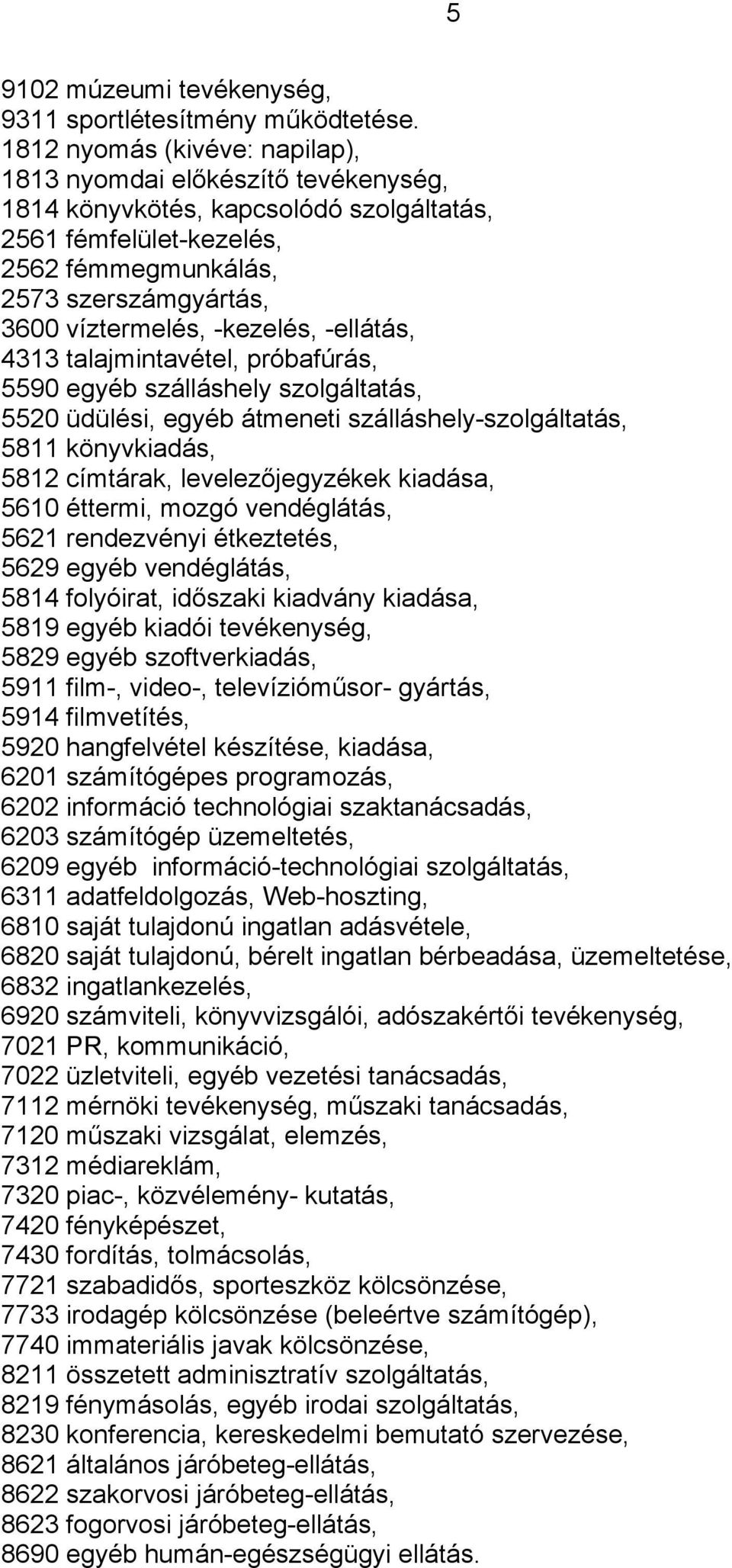 -kezelés, -ellátás, 4313 talajmintavétel, próbafúrás, 5590 egyéb szálláshely szolgáltatás, 5520 üdülési, egyéb átmeneti szálláshely-szolgáltatás, 5811 könyvkiadás, 5812 címtárak, levelezőjegyzékek