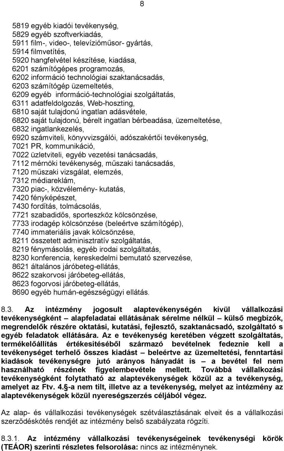 6820 saját tulajdonú, bérelt ingatlan bérbeadása, üzemeltetése, 6832 ingatlankezelés, 6920 számviteli, könyvvizsgálói, adószakértői tevékenység, 7021 PR, kommunikáció, 7022 üzletviteli, egyéb