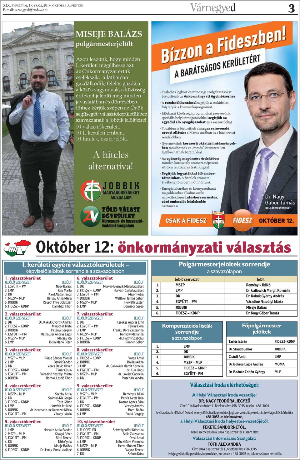 Kakuk György András 2. FIDESZ KDNP Marschall Máté 3. JOBBIK Petényi Gergely 4. EGYÜTT PM Mathauser András Lajos 5. MSZP MLP Mácsay Ida 6. LMP Bella Márió Péter 3. választókerület 1.