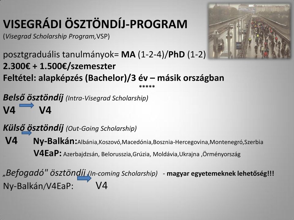 ösztöndíj (Out-Going Scholarship) V4 Ny-Balkán:Albánia,Koszovó,Macedónia,Bosznia-Hercegovina,Montenegró,Szerbia Azerbajdzsán,