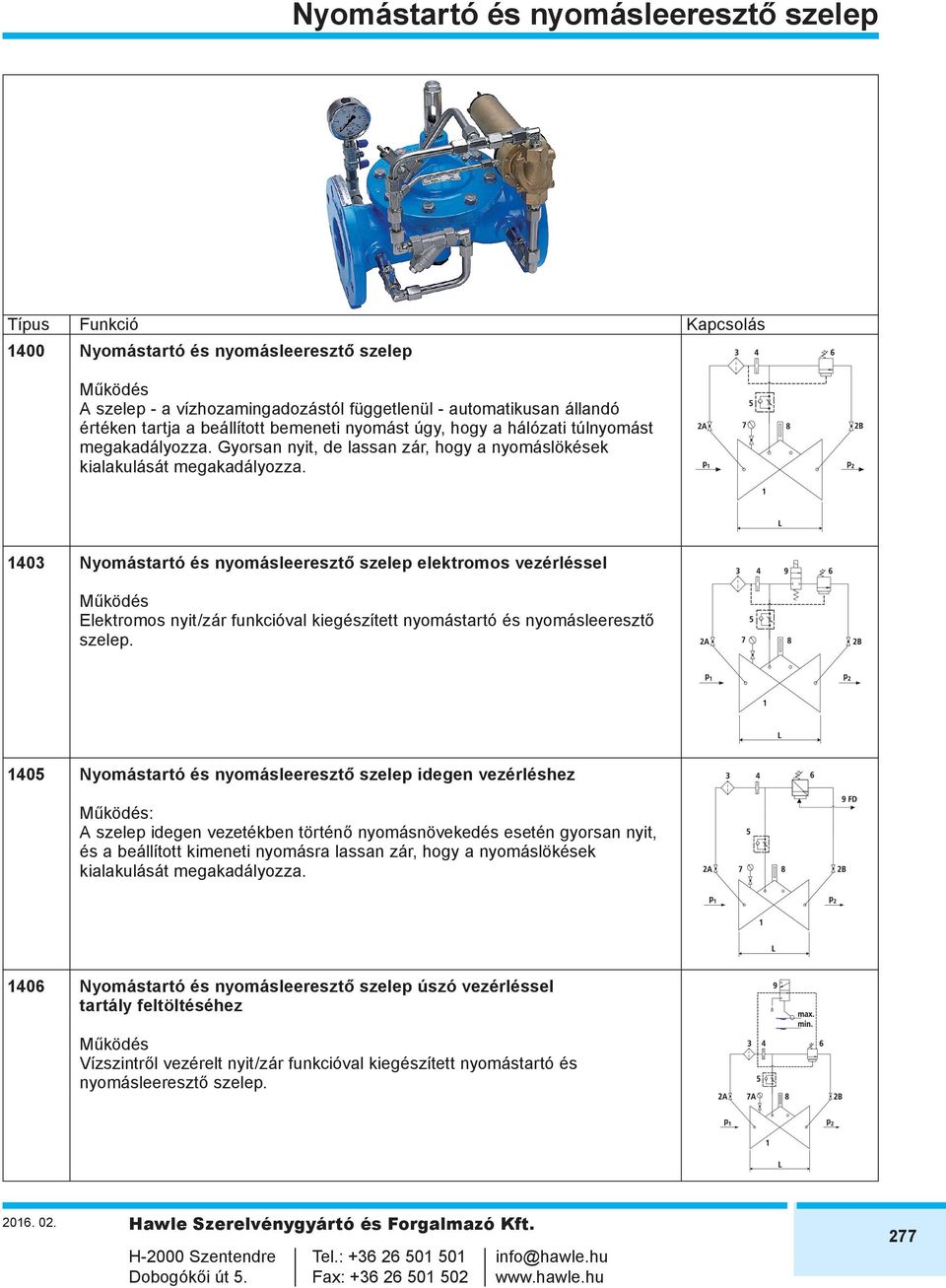1403 Nyomástartó és nyomásleeresztő szelep elektromos vezérléssel Elektromos nyit/zár funkcióval kiegészített nyomástartó és nyomásleeresztő szelep.