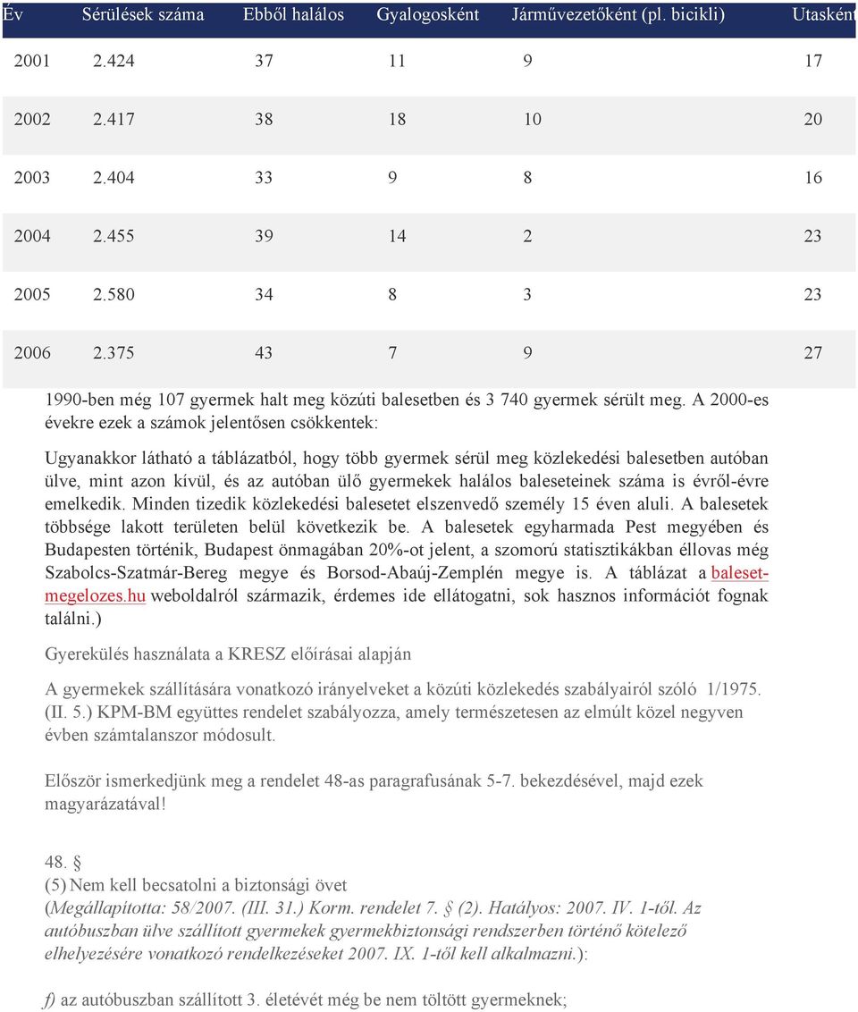 A 2000-es évekre ezek a számok jelentősen csökkentek: Ugyanakkor látható a táblázatból, hogy több gyermek sérül meg közlekedési balesetben autóban ülve, mint azon kívül, és az autóban ülő gyermekek