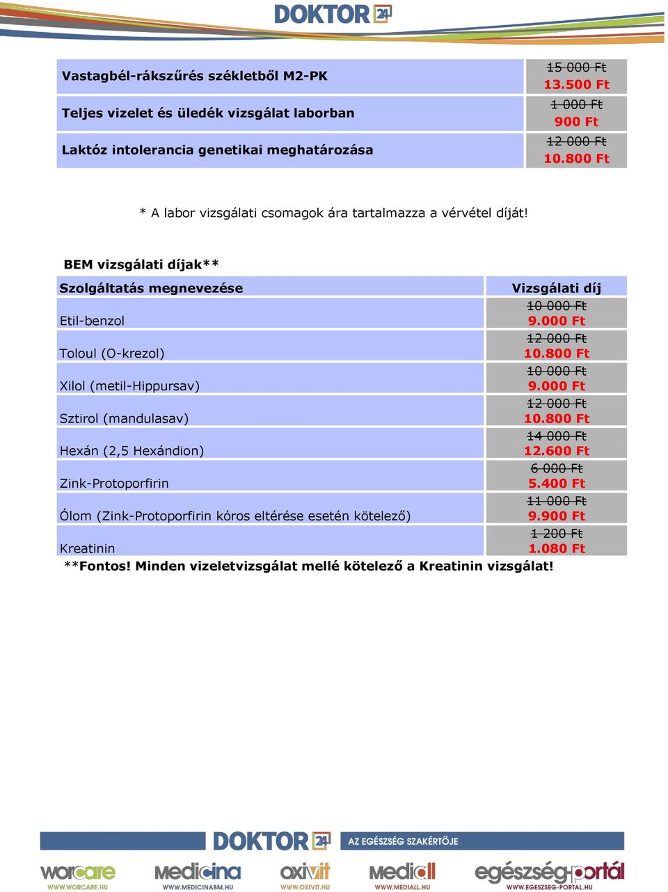 BEM vizsgálati díjak** Szolgáltatás megnevezése Vizsgálati díj Etil-benzol Toloul (O-krezol) Xilol (metil-hippursav) Sztirol