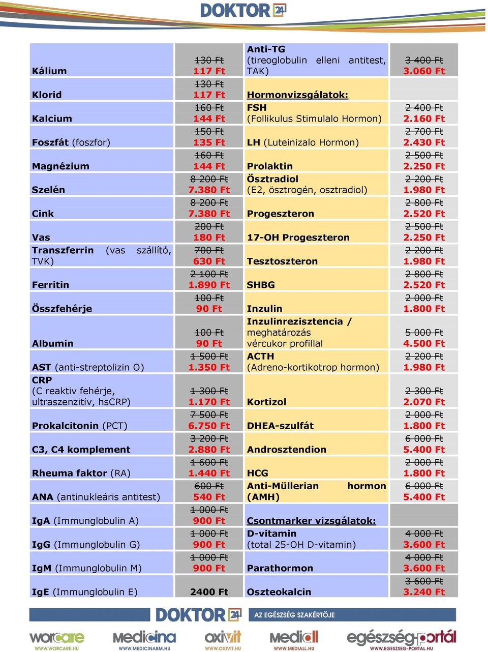 elleni antitest, TAK) 130 Ft 117 Ft Hormonvizsgálatok: 160 Ft 144 Ft FSH (Follikulus Stimulalo Hormon) 135 Ft LH (Luteinizalo Hormon) 160 Ft 144 Ft Prolaktin 8 200 Ft 7.