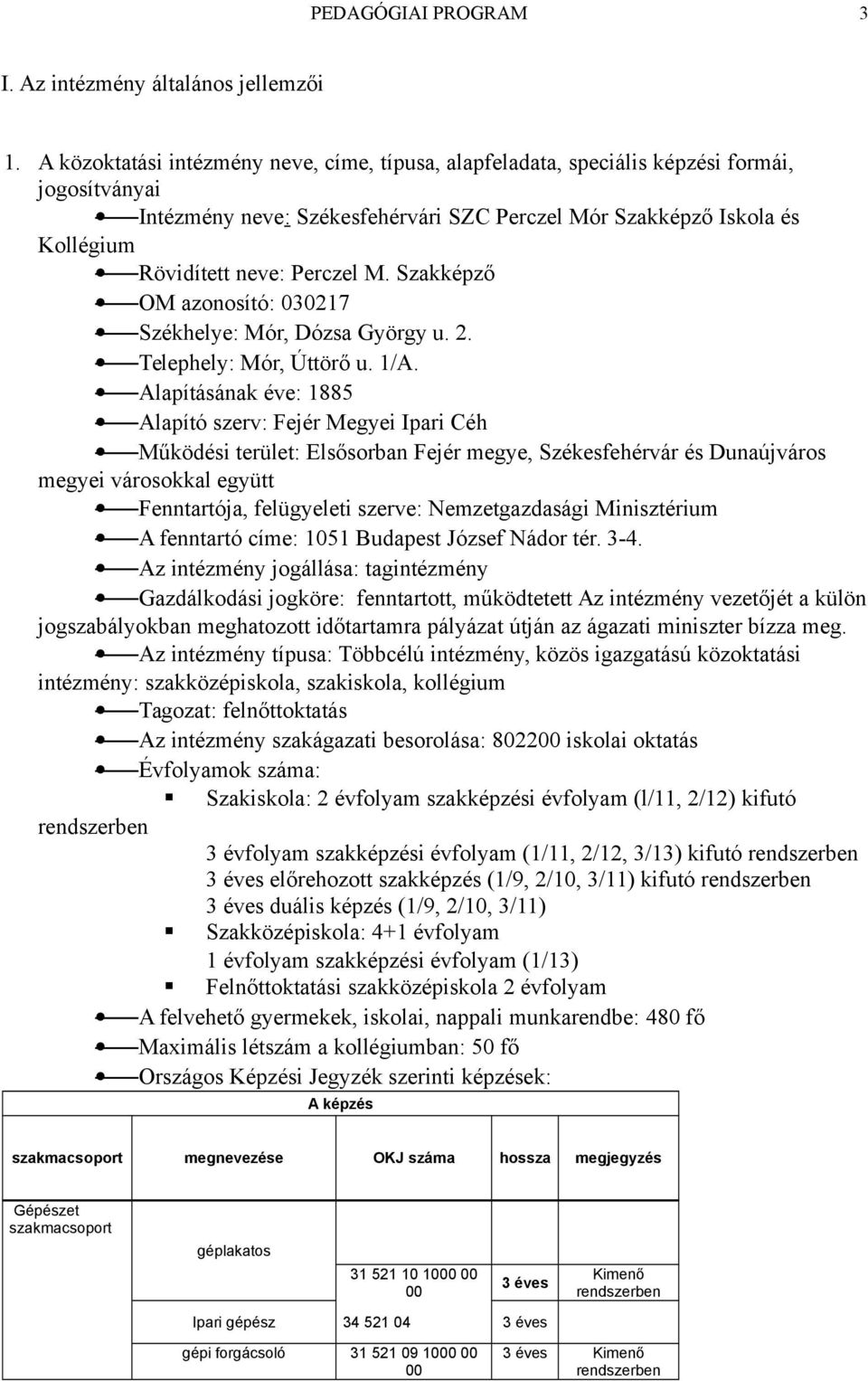 Perczel M. Szakképző OM azonosító: 030217 Székhelye: Mór, Dózsa György u. 2. Telephely: Mór, Úttörő u. 1/A.