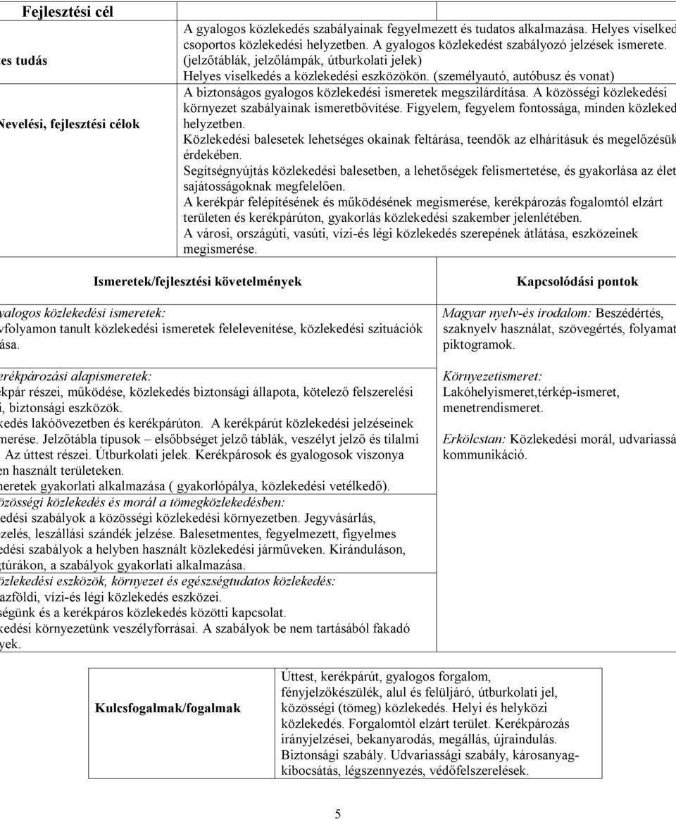 (személyautó, autóbusz és vonat) A biztonságos gyalogos közlekedési ismeretek megszilárdítása. A közösségi közlekedési környezet szabályainak ismeretbővítése.