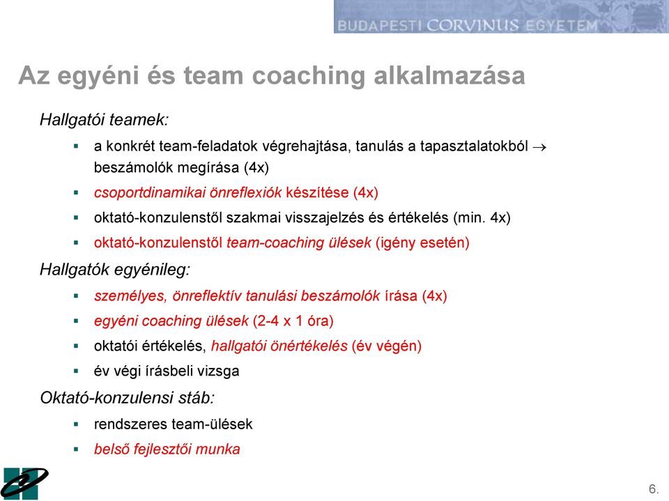 4x) oktató-konzulenstől team-coaching ülések (igény esetén) Hallgatók egyénileg: személyes, önreflektív tanulási beszámolók írása (4x) egyéni