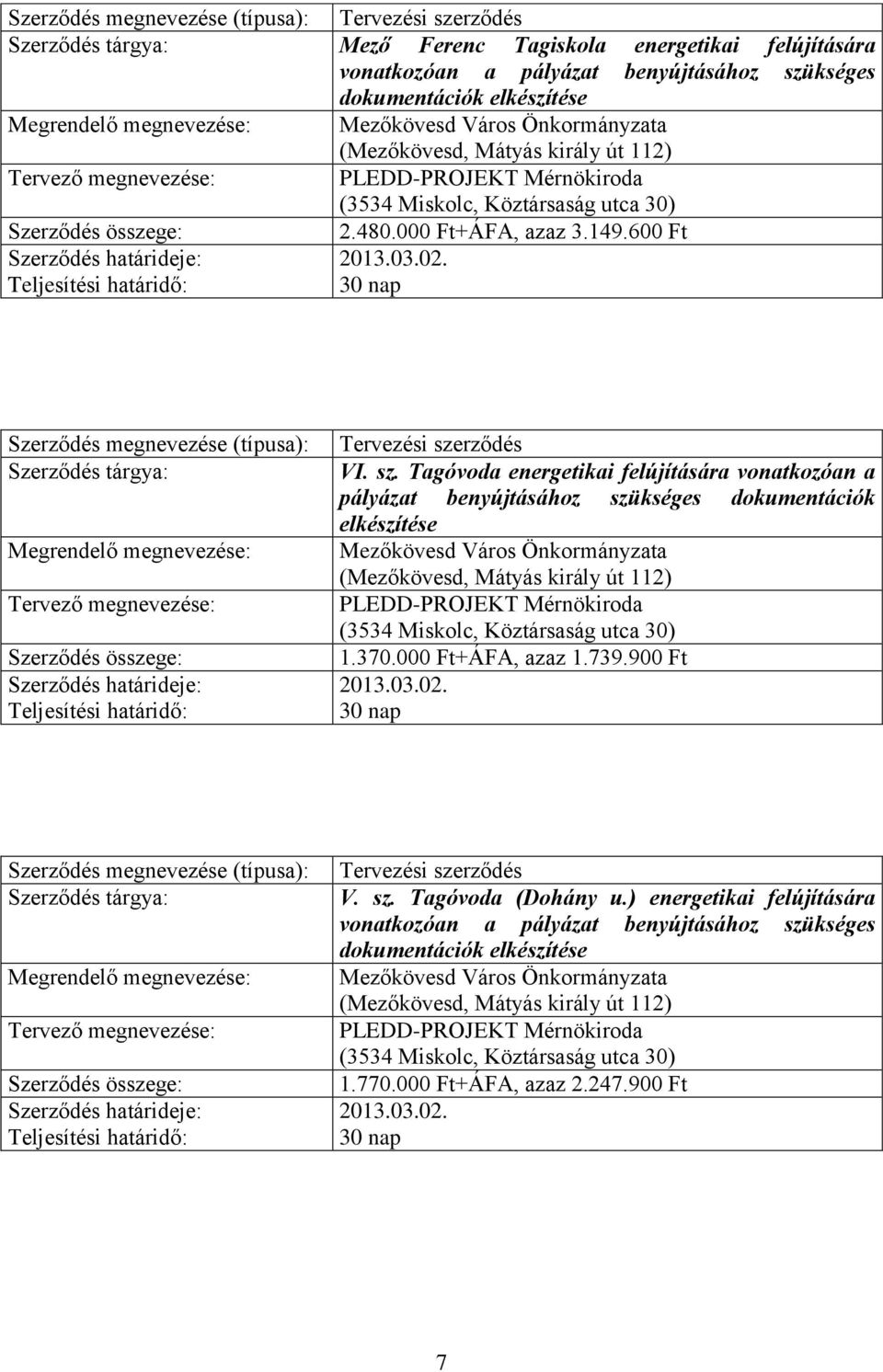 rződés VI. sz. Tagóvoda energetikai felújítására vonatkozóan a pályázat benyújtásához szükséges dokumentációk elkészítése PLEDD-PROJEKT Mérnökiroda (3534 Miskolc, Köztársaság utca 30) 1.370.