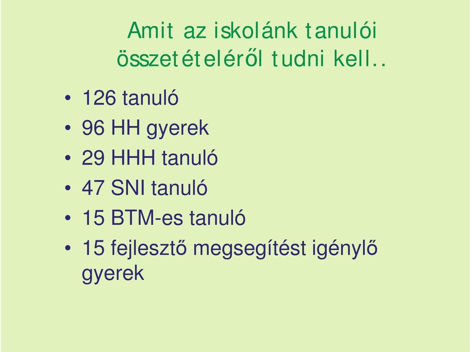 . 126 tanuló 96 HH gyerek 29 HHH tanuló