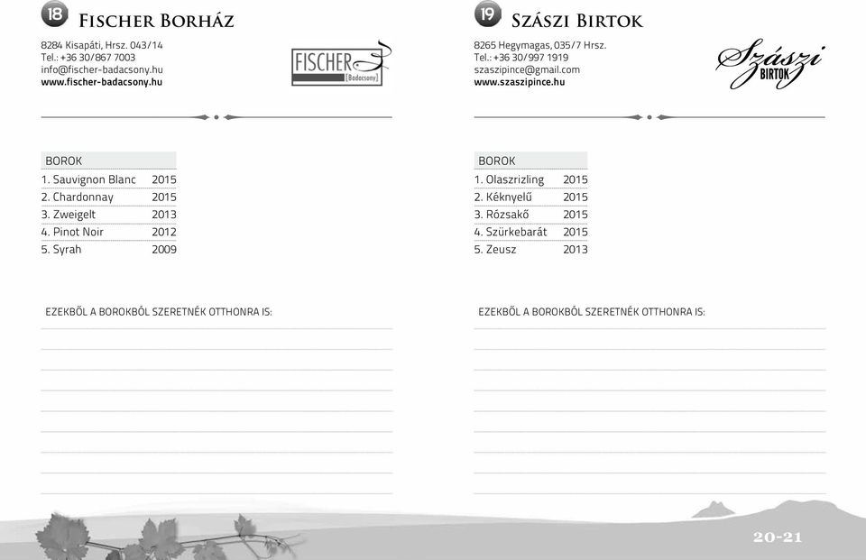 Sauvignon Blanc 2015 2. Chardonnay 2015 3. Zweigelt 2013 4. Pinot Noir 2012 5. Syrah 2009 1. Olaszrizling 2015 2.